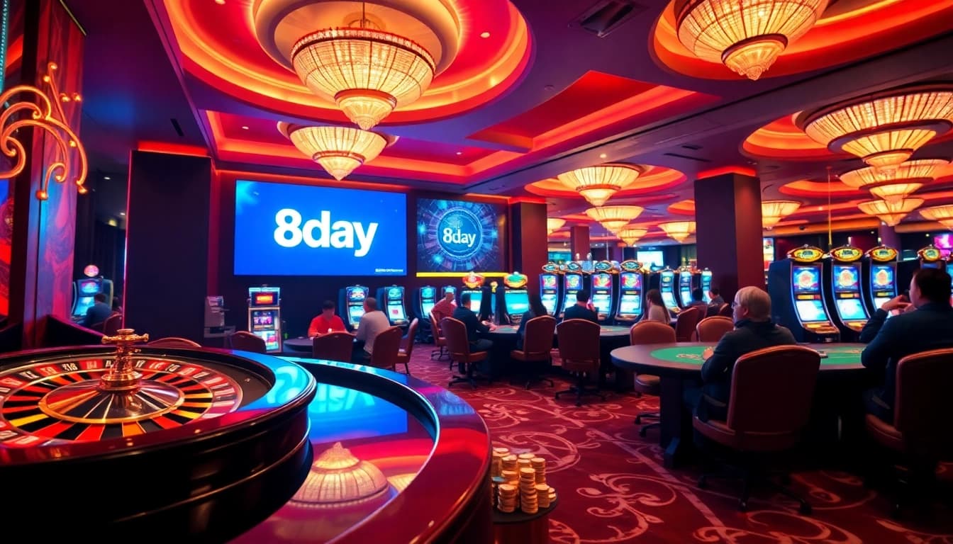8day casino players enjoying an exciting game at a luxurious poker table.