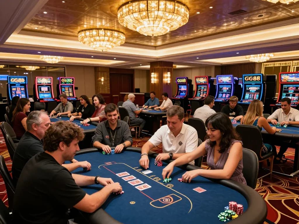 Players enjoying high-stakes games at GG88 casino, vibrant atmosphere filled with excitement