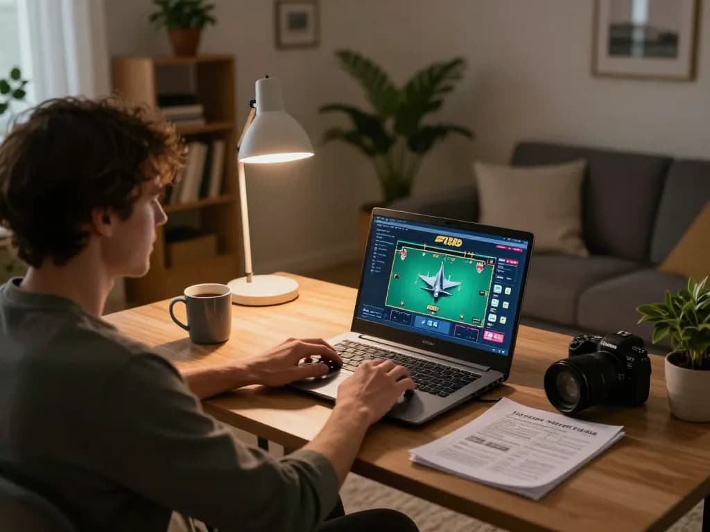 Player engaging with F168 online poker game at home, showcasing a cozy gaming setup