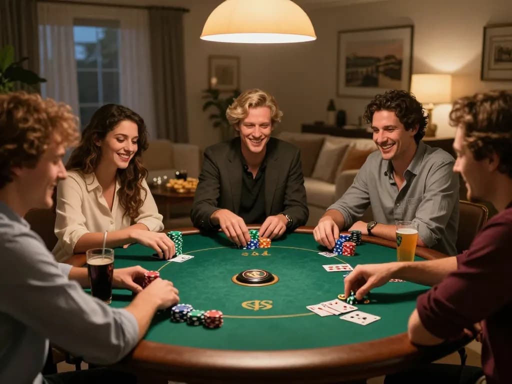 Friends enjoying a lively poker night at home, showcasing CO88 gaming atmosphere with colorful chips and drinks.