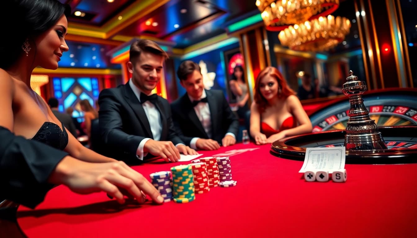 Exciting casino atmosphere showcasing MMOO players engaged at a blackjack table.