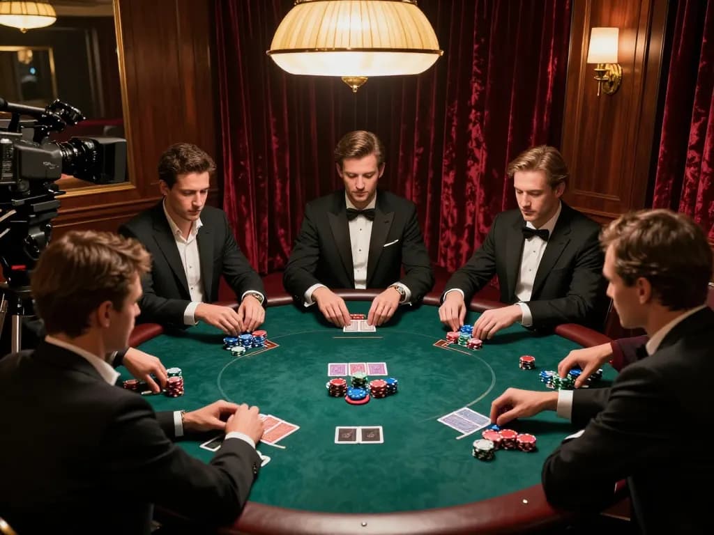 HIT CLUB players strategizing in a high-stakes poker game at a luxury casino table
