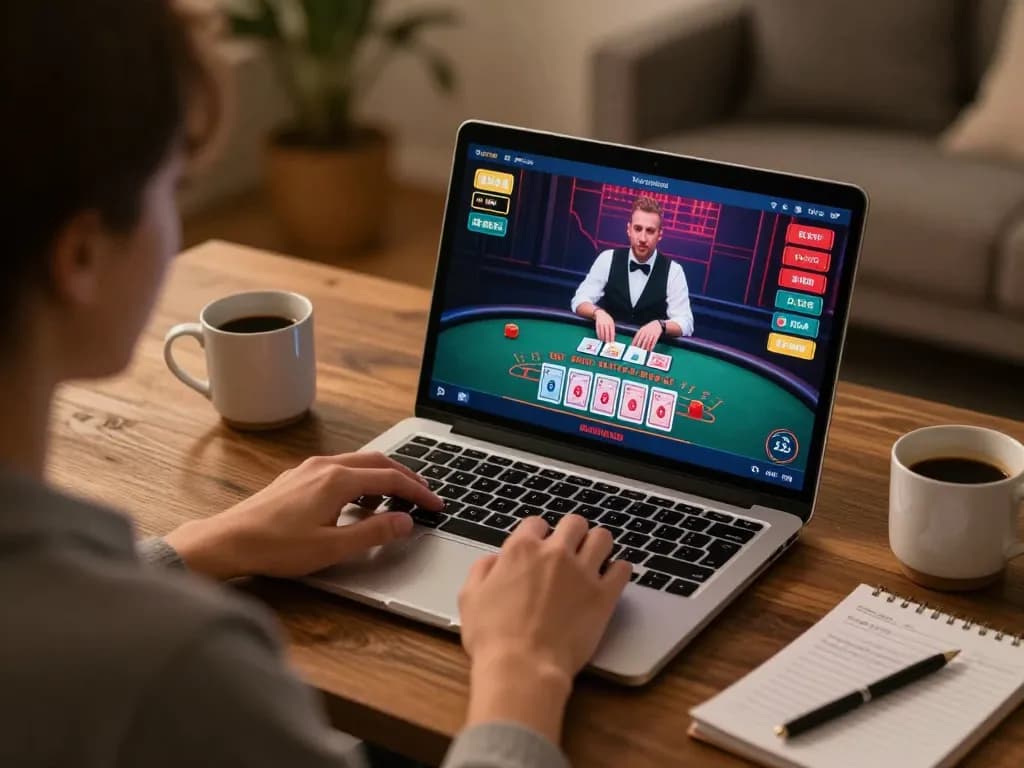 Player engaged in exciting online blackjack game at go88, showcasing strategic gameplay in a cozy setting.