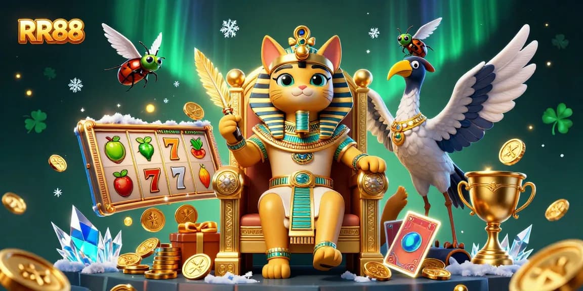Win big at RR88 with a lively 3D casino scene showcasing a pharaoh cat and exciting game elements.