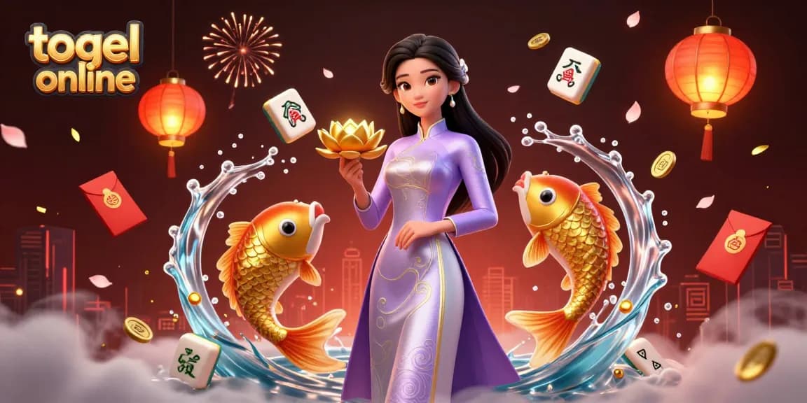 Experience togel online with vibrant visuals of an Asian woman holding a golden lotus and koi fish in a festive atmosphere.