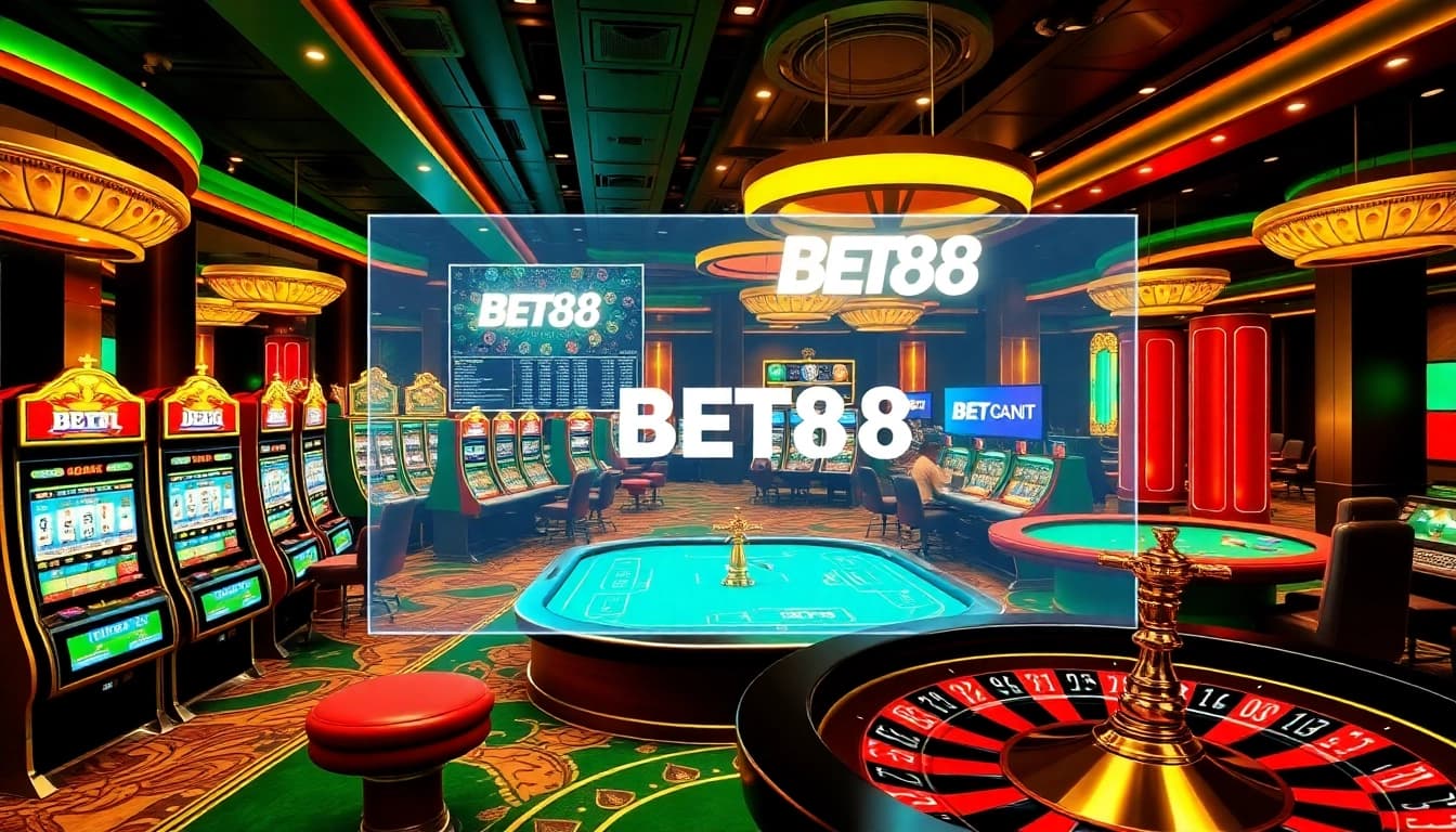 Experience the thrill of BET88 with vibrant slot machines and poker tables in a luxurious casino setting.