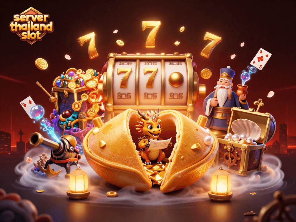 Spin the server thailand slot reels with vibrant fortune cookie guardians and a treasure-filled scene.