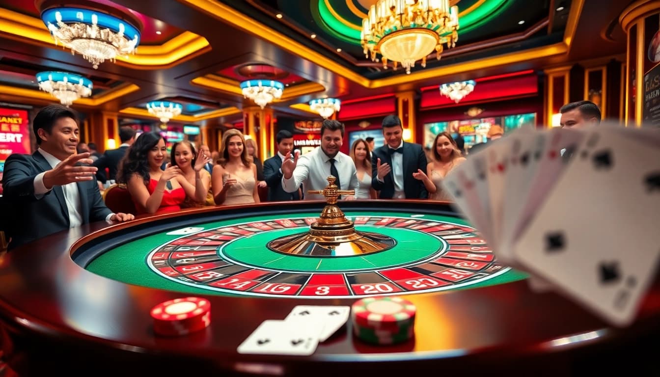 Beim casino spielen an einem aufregenden Roulettetisch mit begeisterten Spielern im Hintergrund.