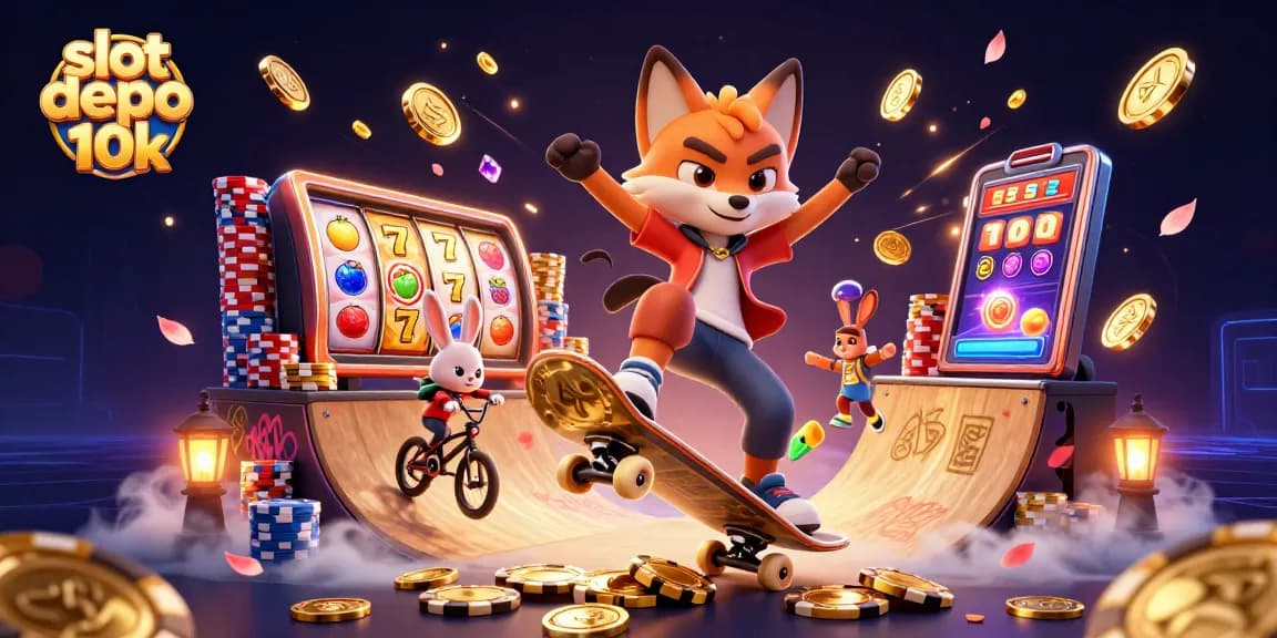 Spin the reels and win with slot depo 10k in this vibrant 3D casino scene.