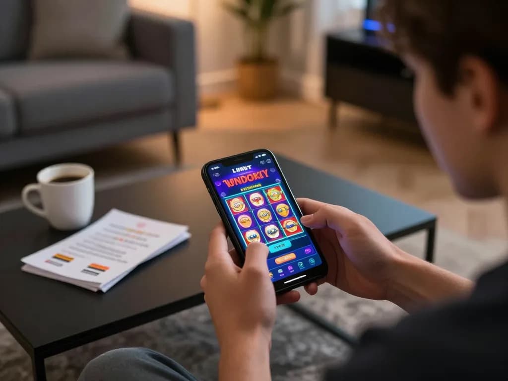 Engaging in a Link Slot game on a smartphone during a cozy gaming session at home.