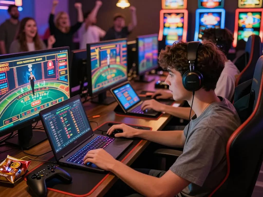 Engaged gamer in vibrant gaming environment showcasing af88 bet excitement with casino games and technologies.