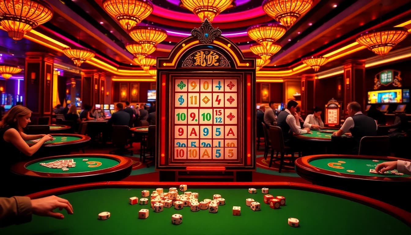 Adegan menarik dengan pemain yang menikmati mesin slot Mahjong di kasino mewah.