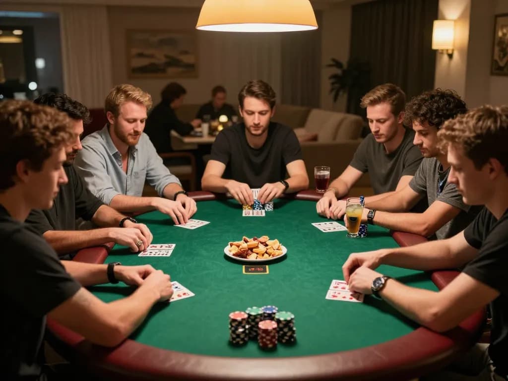 88aa chính thức players enjoying a competitive poker game in a cozy home setting