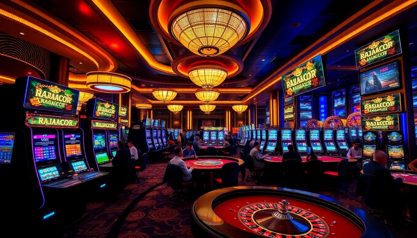 RAJAGACOR branded casino scene with players enjoying slot machines and table games