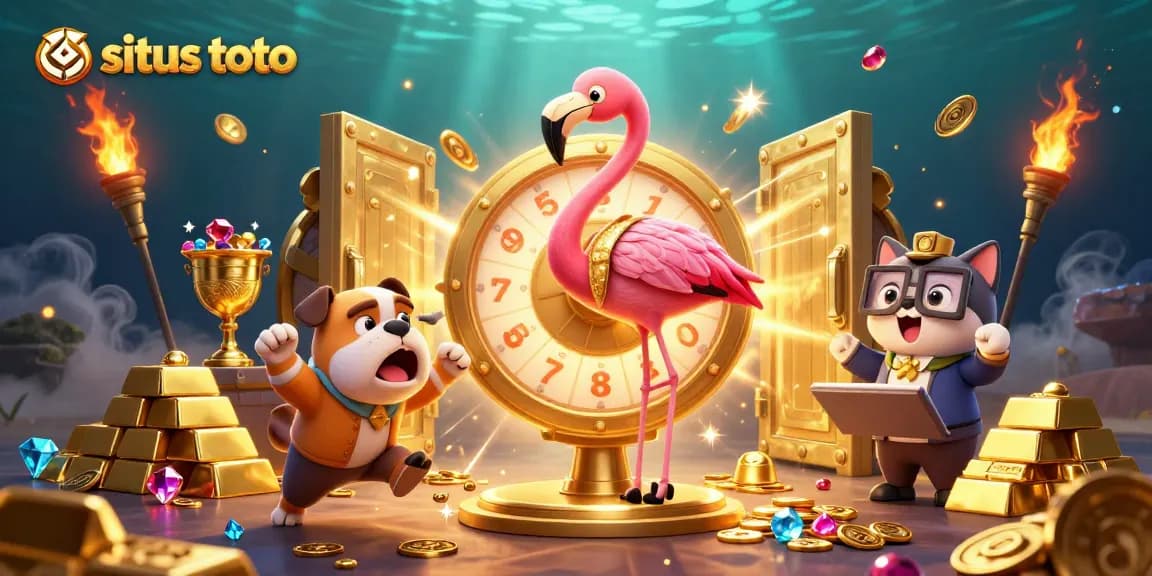 Engage with situs toto in a vibrant, exciting casino scene featuring a flamingo host and thrilling prizes.