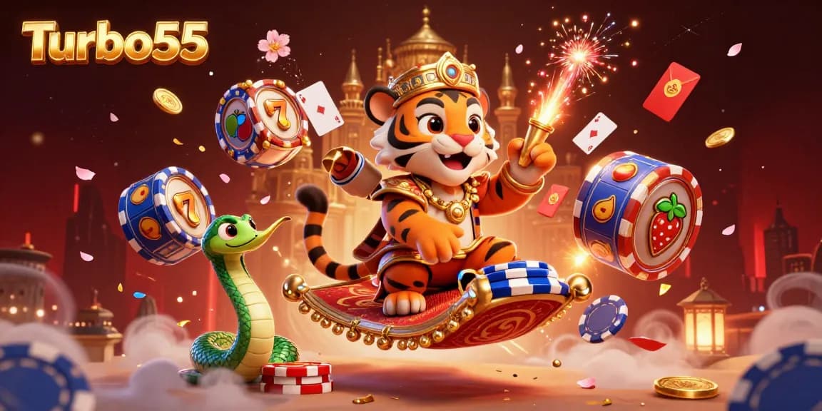 Turbo55 ignites excitement with a vibrant 3D casino scene featuring a sultan and slot reels.