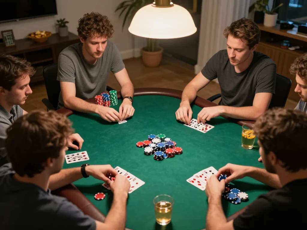 Players engage in an exciting nk88 poker game at home with cards and chips on the table.