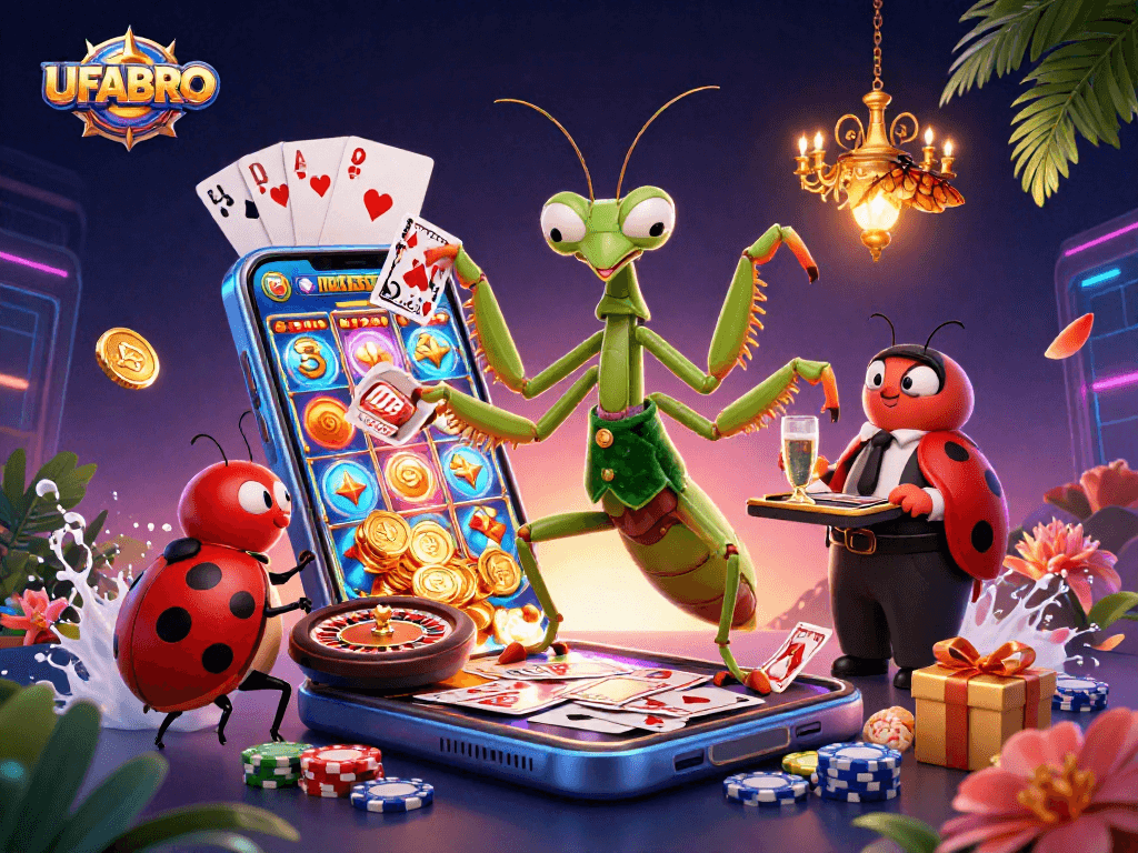 Experience the thrill of betting on UFABRO with a colorful casino scene including slot games, cards, and a lively atmosphere.
