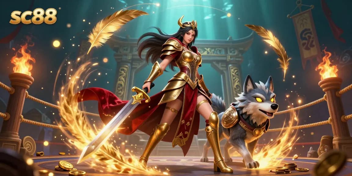Join the thrilling action with sc88 as the daring warrior queen and her glowing wolf companion battle for glory in this vibrant casino-themed arena.