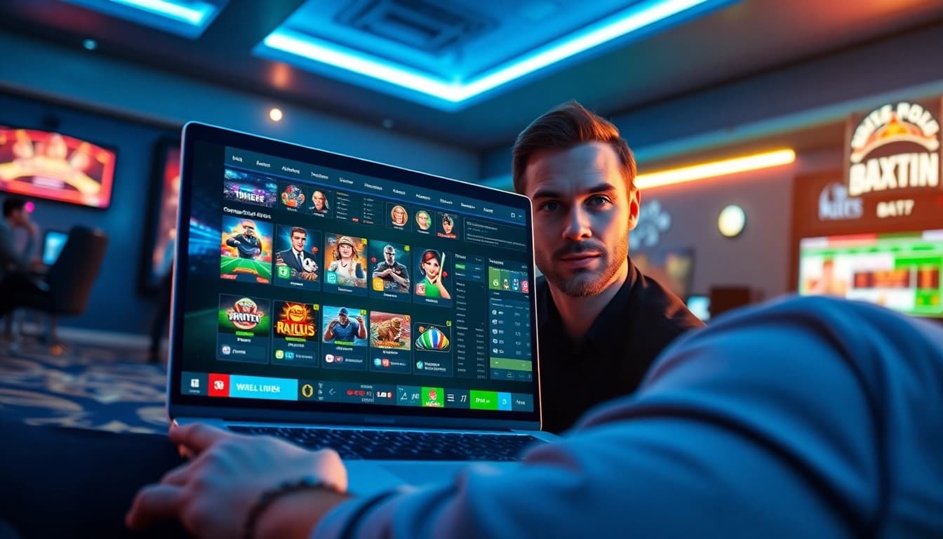 Engaged player using the TPTP online betting platform on a sleek laptop in a vibrant gaming room.