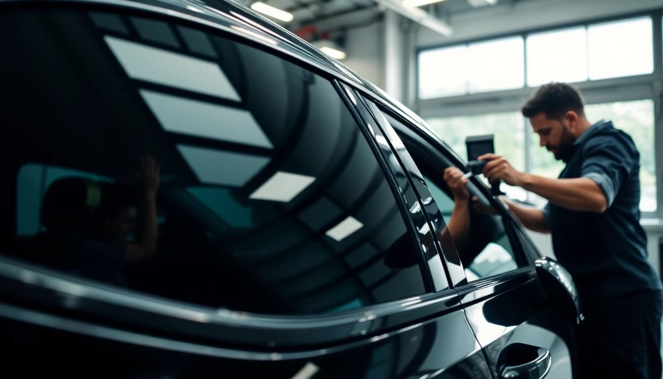 Enhance your vehicle with auto window tint near me, showcasing expert application in a modern garage.