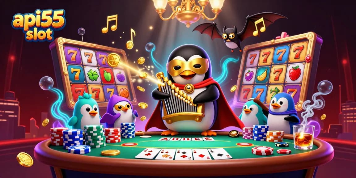 Experience the thrilling api55 slot as a penguin plays a golden organ while coins fly around.