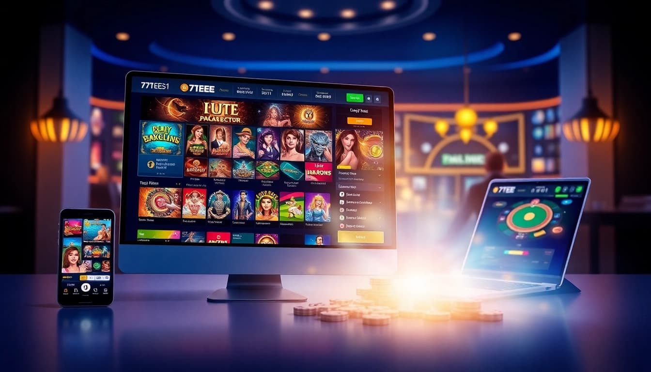 77EE online betting platform showcasing diverse casino games and modern digital interfaces.