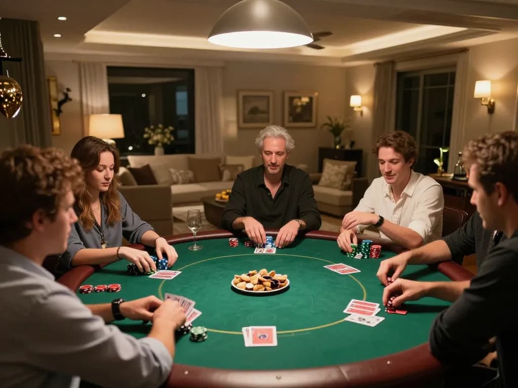 Players enjoying poker night at home with sunwin branded accessories, laughter and strategy in the air.