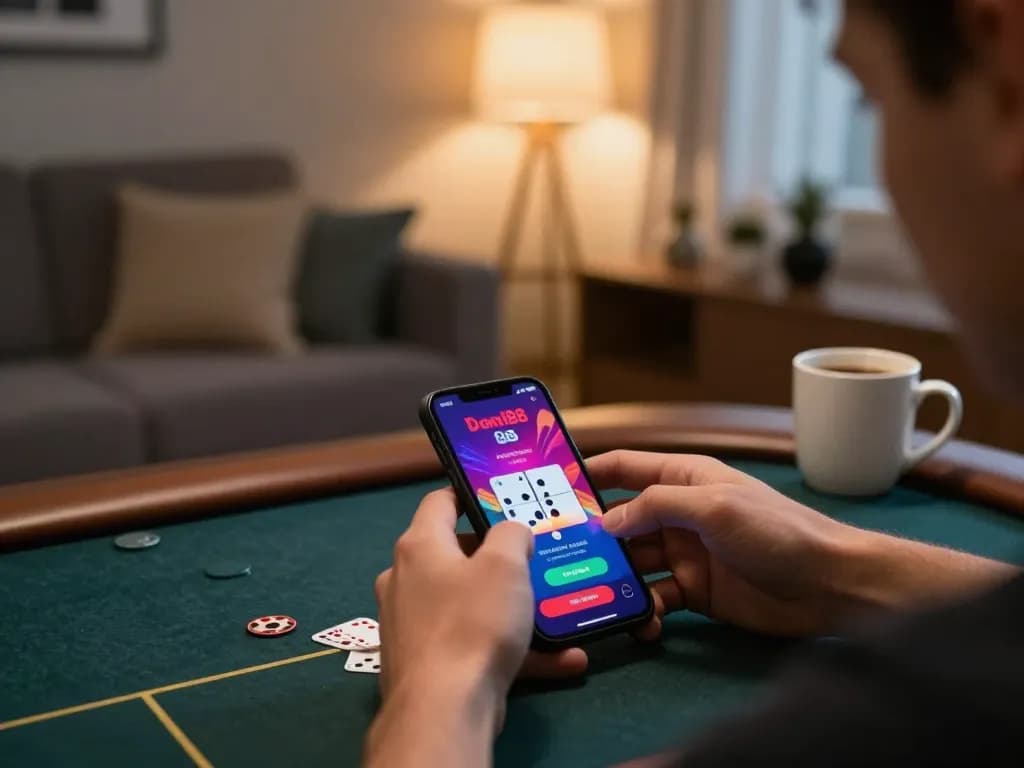Player accessing link domino88 on smartphone during online poker session at home