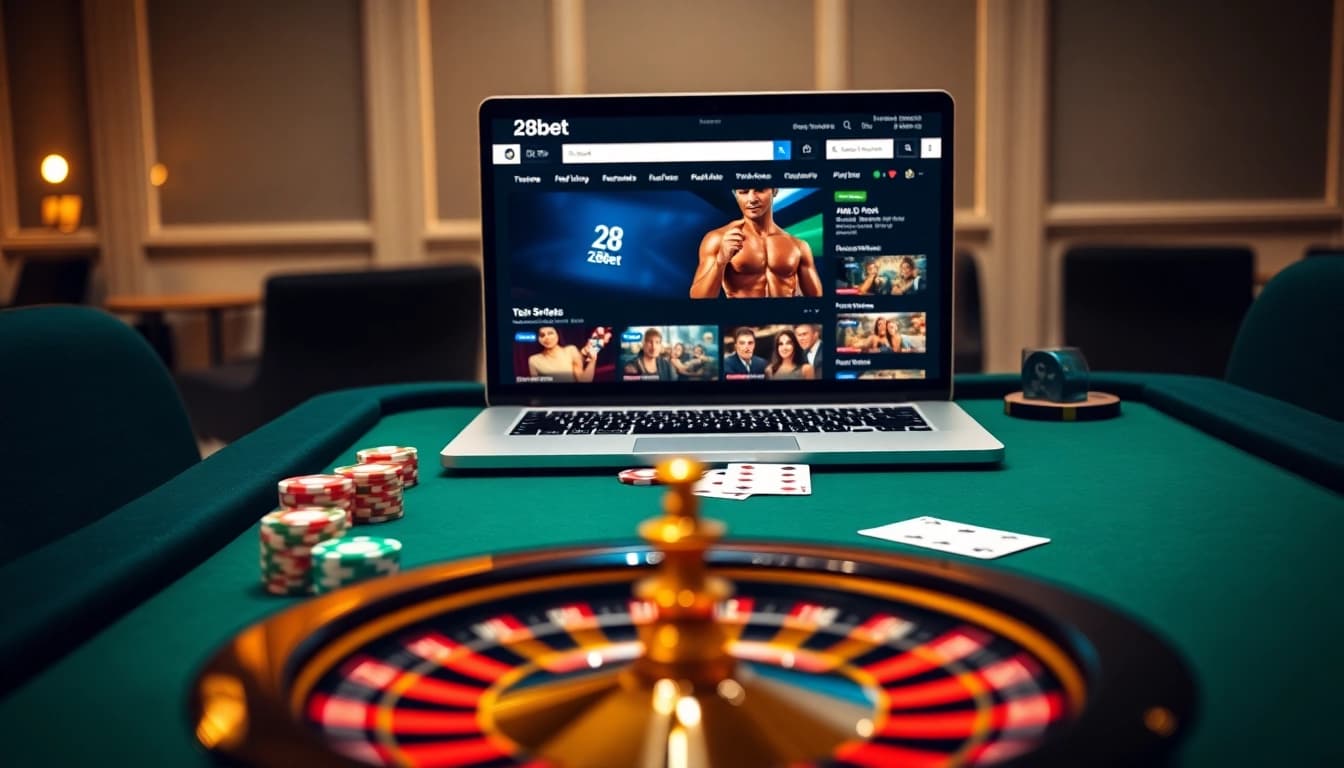 Experience the excitement of 28bet with vibrant poker chips and a roulette wheel in a luxurious casino scene.
