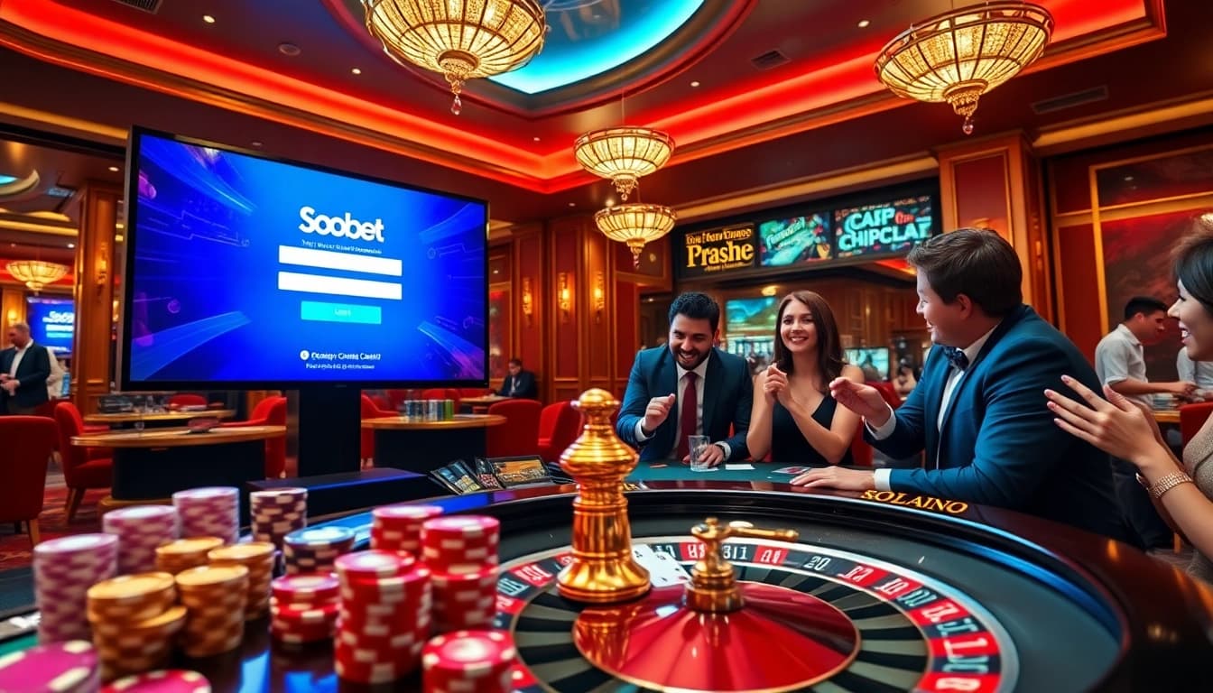 SboBet link login interface highlighted in a thrilling casino scene with poker chips and cards.