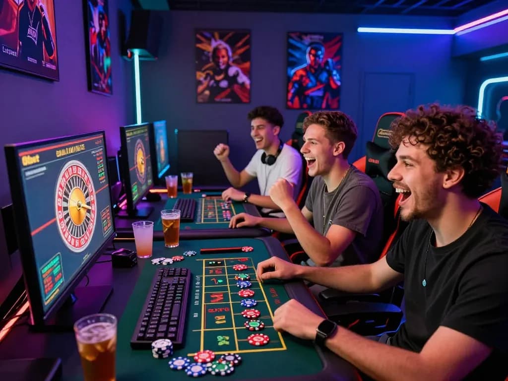 Friends enjoying a lively gaming session on 8kbet with live casino games and a vibrant atmosphere.