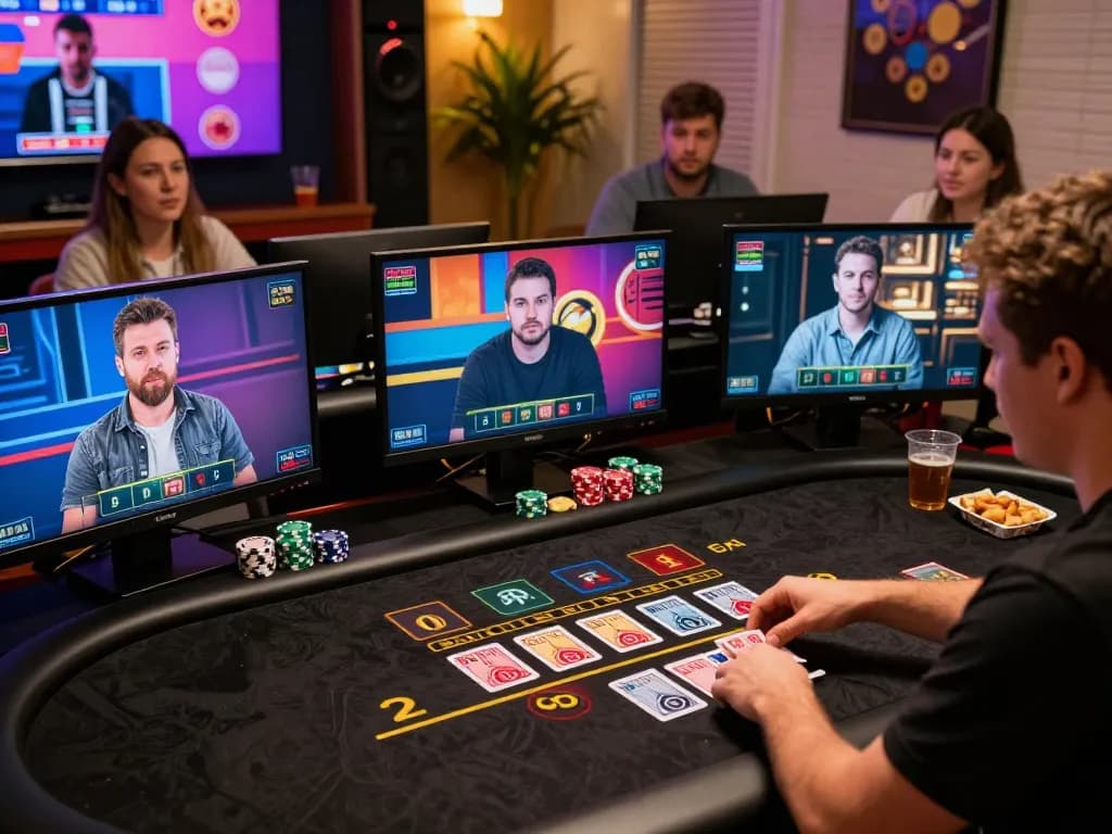 Players engaged in a live dealer MM99 blackjack game on their devices, showcasing excitement and strategy.