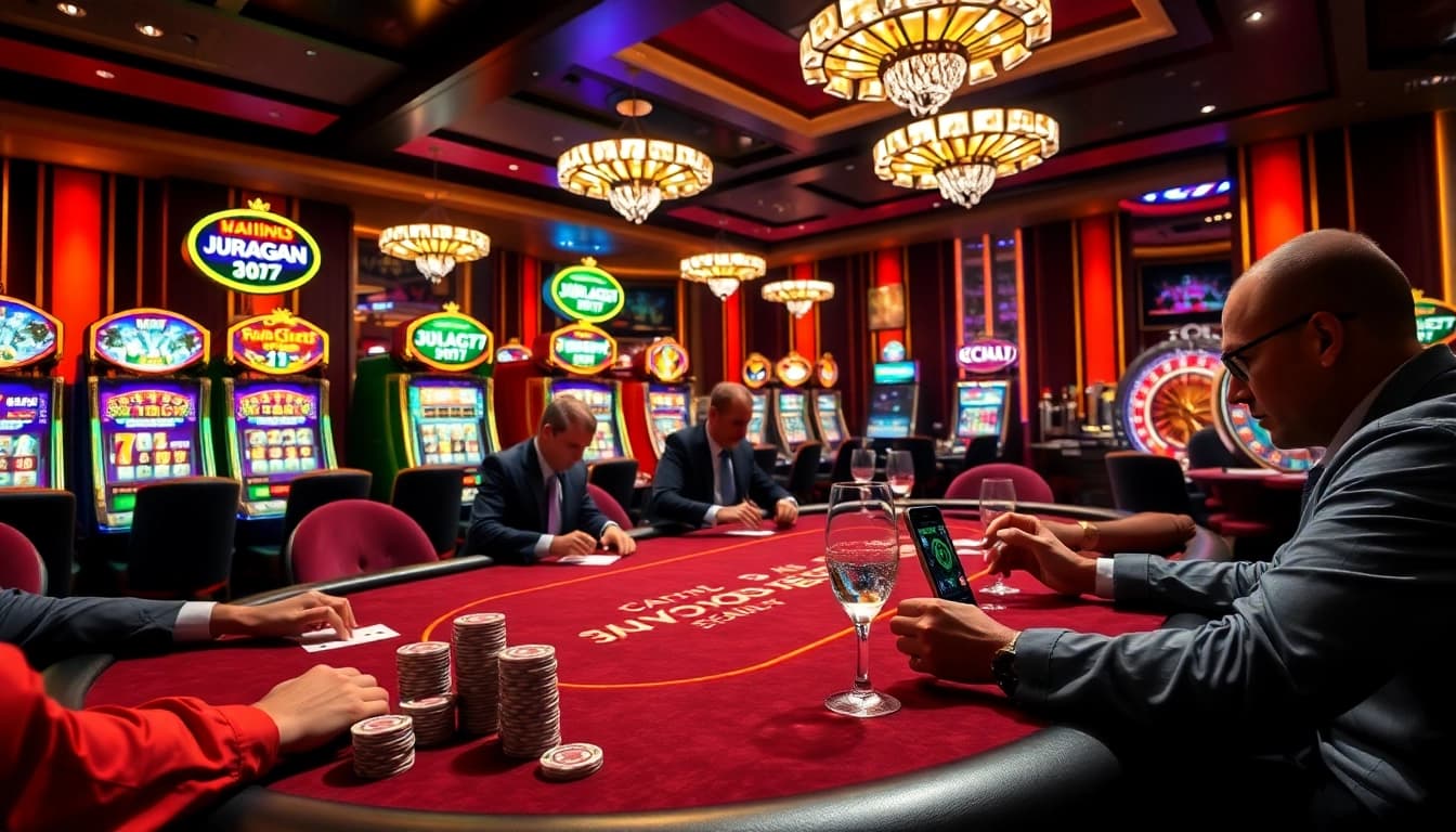 Players strategizing at a poker table in a luxurious casino, embodying the essence of juragan77 gaming.