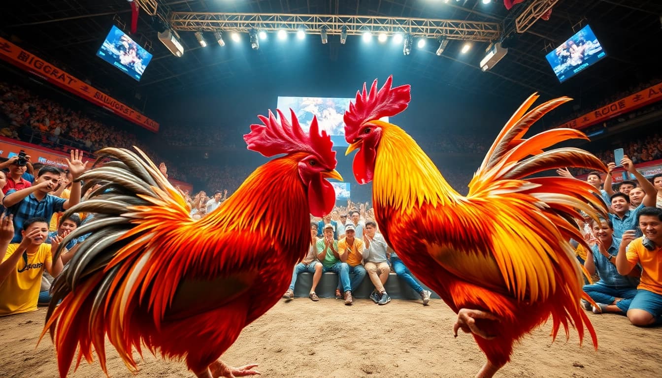 Exciting live cockfighting at Sabong 67 with vibrant colors, enthusiastic crowd, and high-definition live feed.