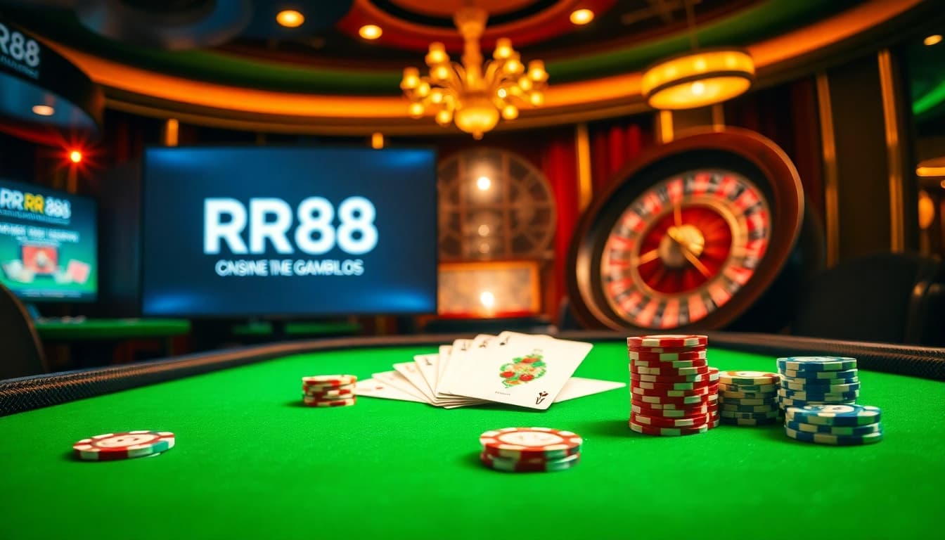 Engaging scene with RR88 branding featuring poker chips and cards on a lively casino table