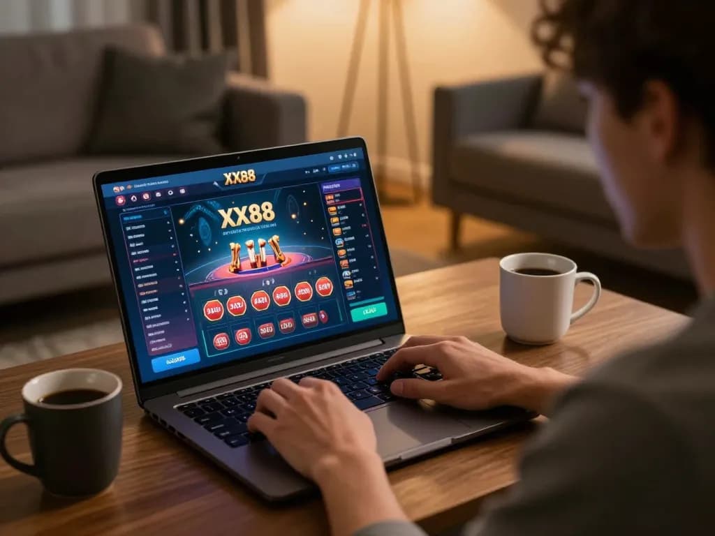 Engaging online gaming with XX88 interface on laptop in a cozy living room setting.