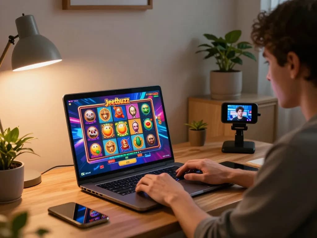 Player enjoying Jeetbuzz casino games on a laptop in a cozy home environment