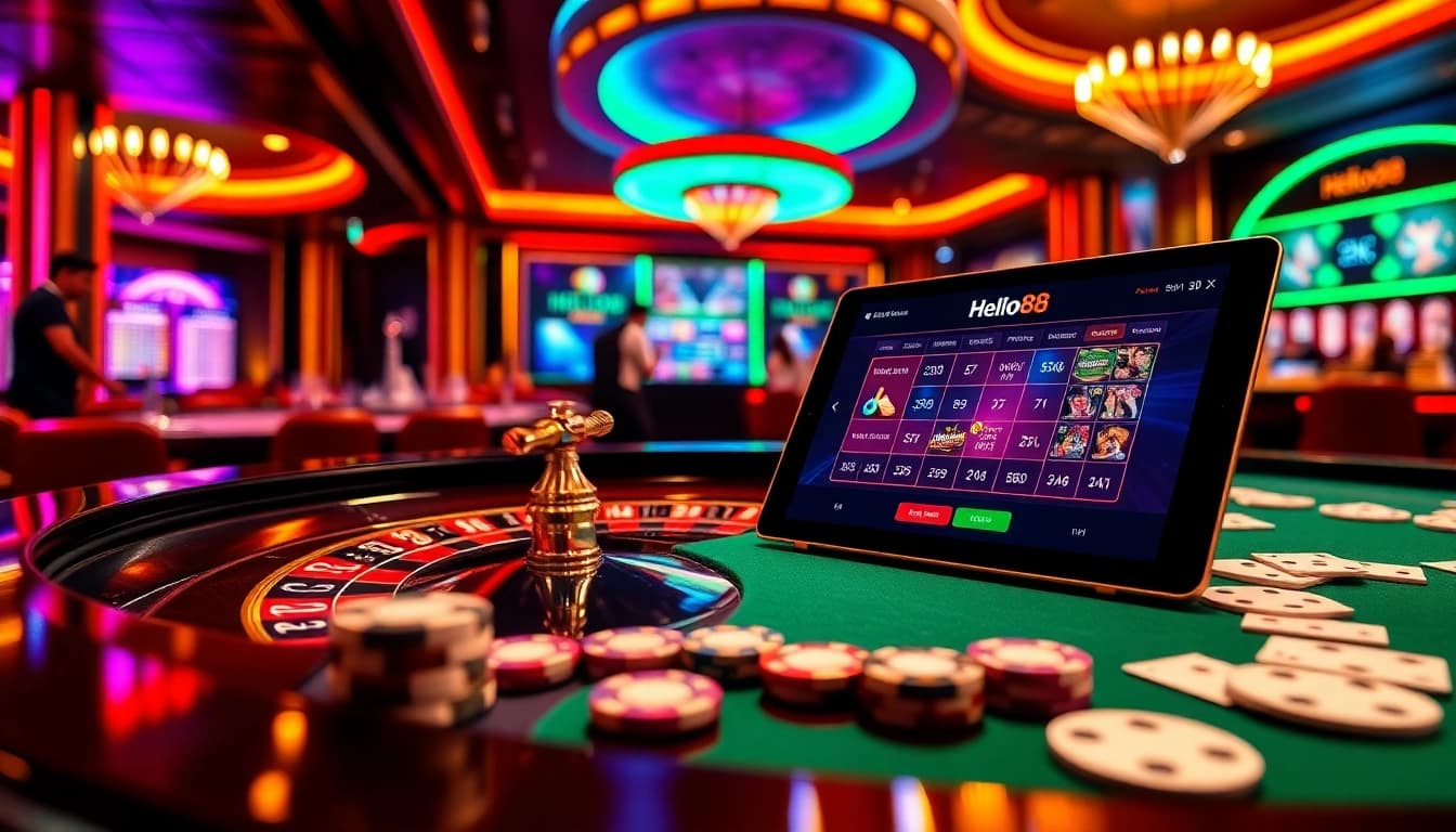 Hello88 players engaging with roulette and poker chips in an exciting online casino atmosphere.