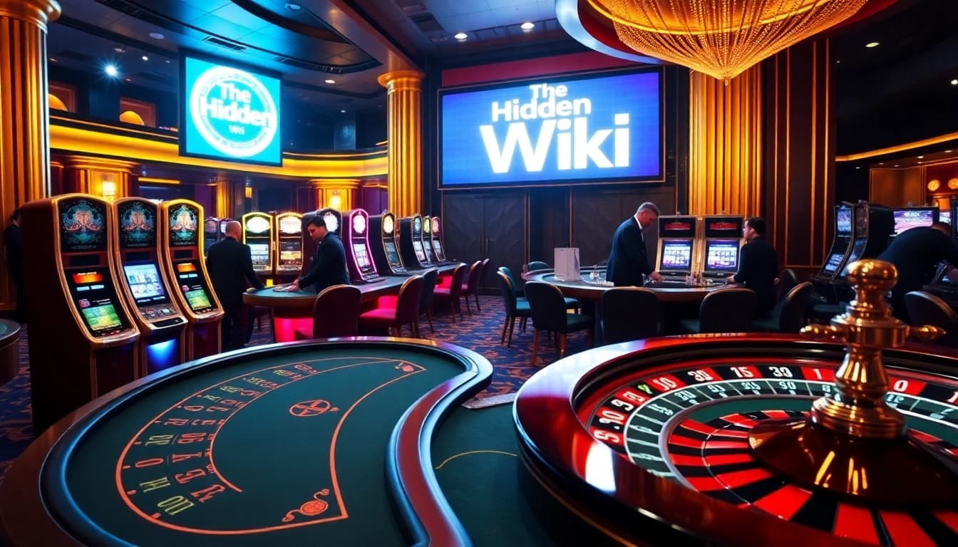 Experience an exciting poker game at The Hidden Wiki-themed casino with vibrant slot machines.
