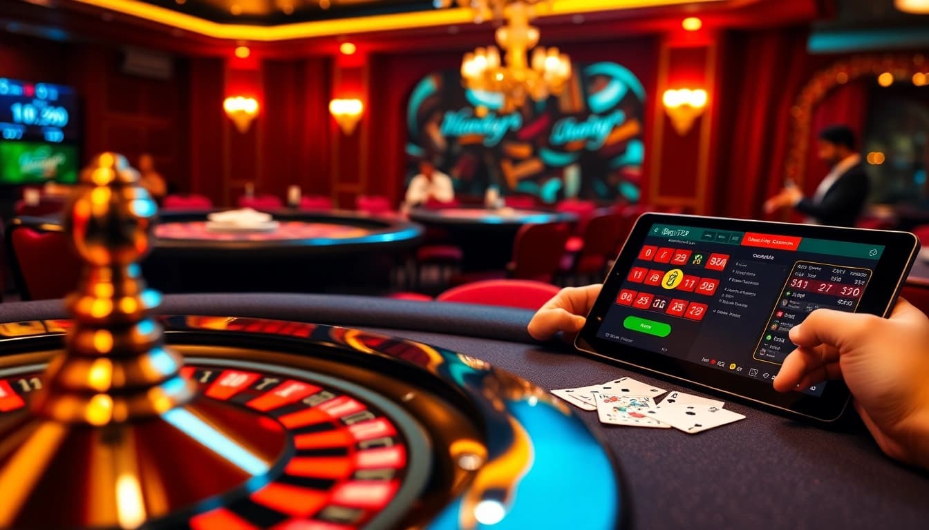 Exciting gambling action at Bay789's luxurious casino table with roulette wheel and poker chips.