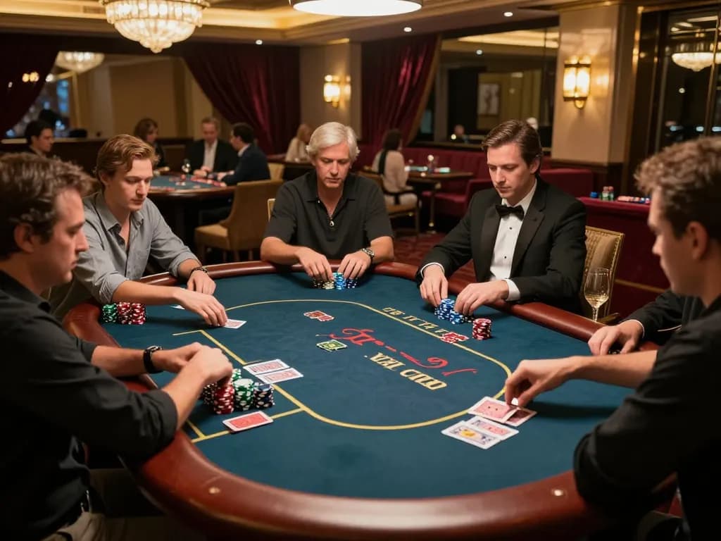 KDSlot players focusing on winning hands in an upscale poker game at a luxurious casino.