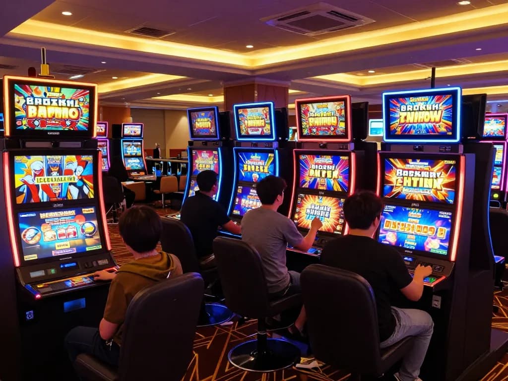 Players enjoying exciting slot games at Gsc108 with vibrant manga themes and glowing displays.