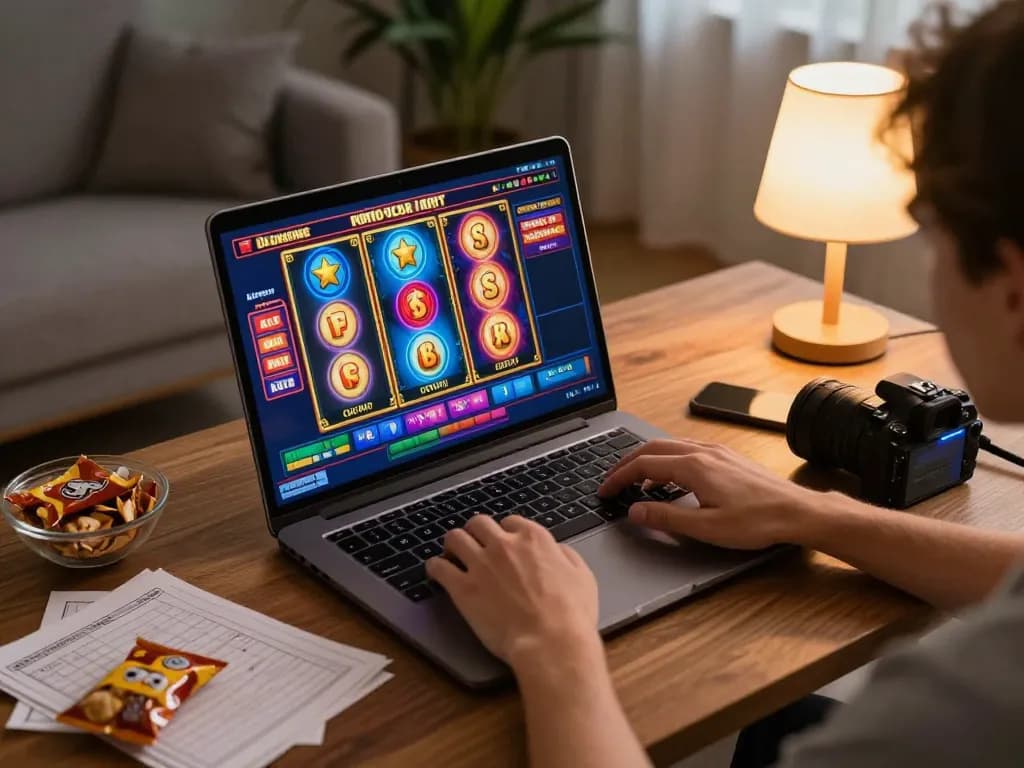 NAGA2000 player enjoying online slot games with vibrant reels and winning notifications in a cozy home setting.