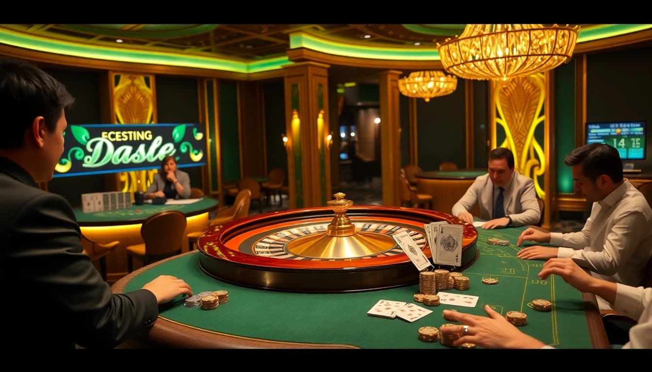 Daga players placing bets at an elegant casino, featuring roulette and poker tables.