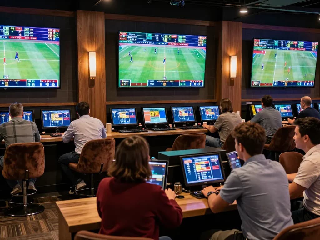 3BET bettors engaging in live sports wagering at a modern lounge with vibrant screens