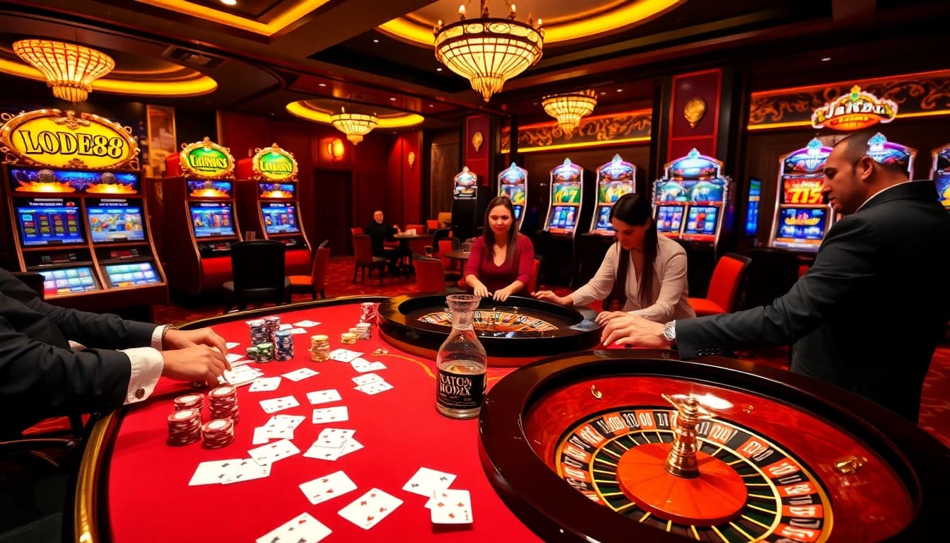Link vào lode88 engaging players at a lively casino table with vibrant chips and cards.