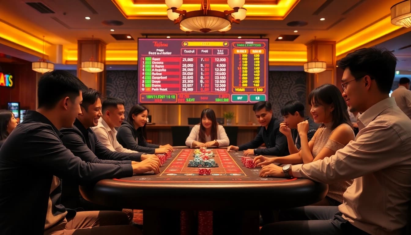 Players enjoying Tài Xỉu at https://taixiumd5.fan/ surrounded by vibrant casino elements and interactive gameplay.