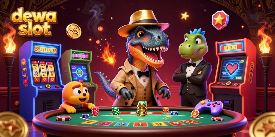 Experience the excitement of dewa slot with vibrant characters at a blackjack table amidst dynamic gaming visuals.