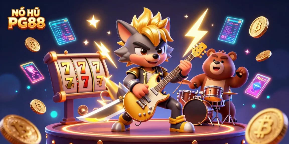 NỔ HŨ PG88 ignites excitement with electrifying casino energy, featuring slot reels and characters in action.